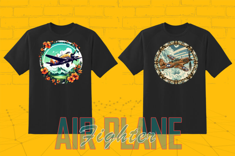 20 Fighter Plane T-shirt Illustration Clipart Bundle crafted for Print on Demand websites.