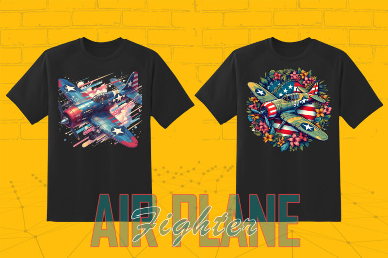 100 Vintage Fighter Plane Illustration T-shirt Clipart Bundle best for POD Business