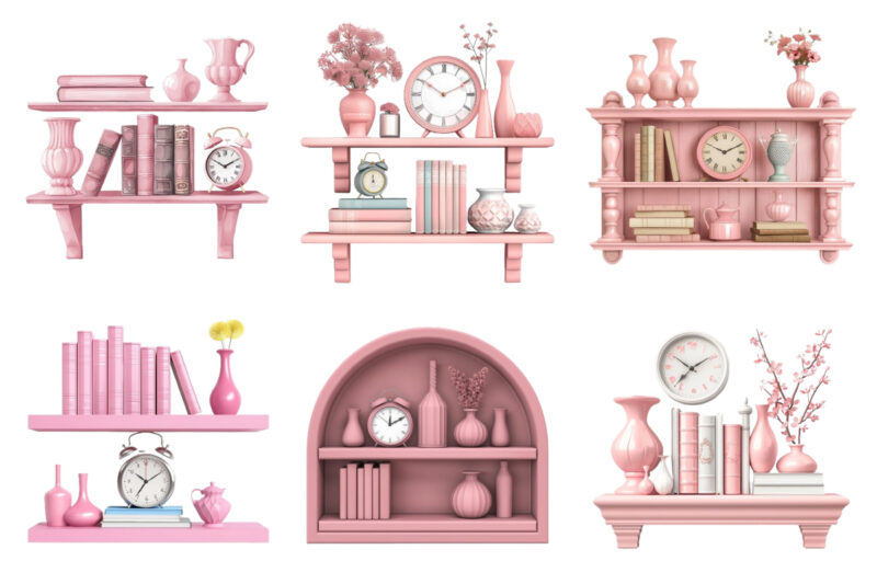 book shelf with book and clock and vases