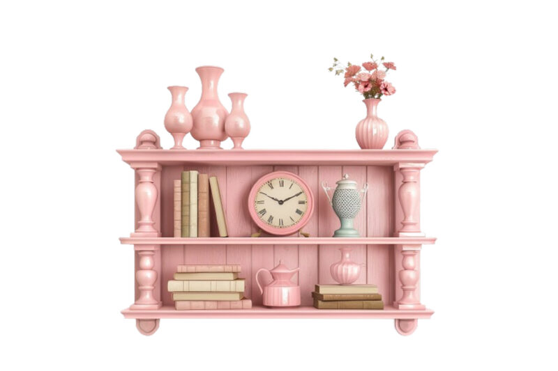 book shelf with book and clock and vases