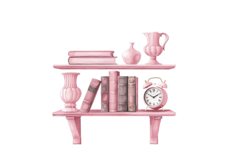 book shelf with book and clock and vases