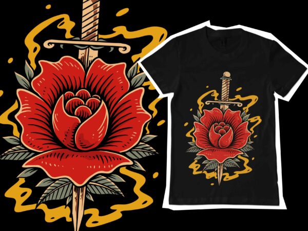 Rose and sword illustration for tshirt design