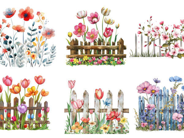 Spring flower with fence clipart t shirt template vector