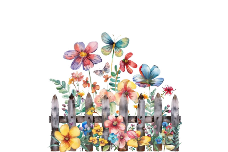 spring flower with fence clipart