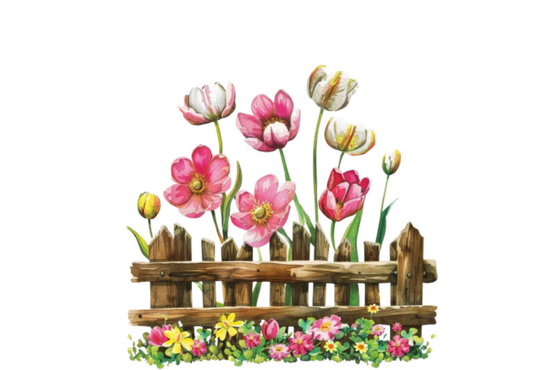 spring flower with fence clipart