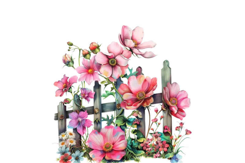 spring flower with fence clipart