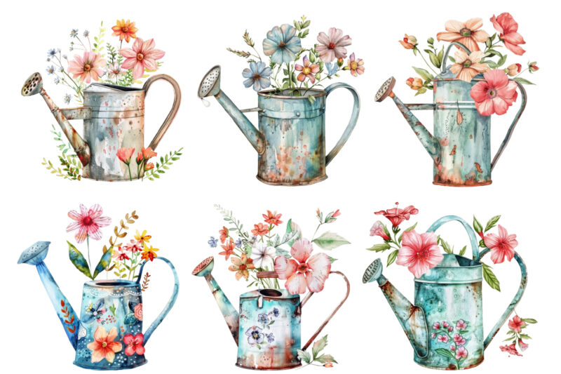 Watering Can with flowers clipart