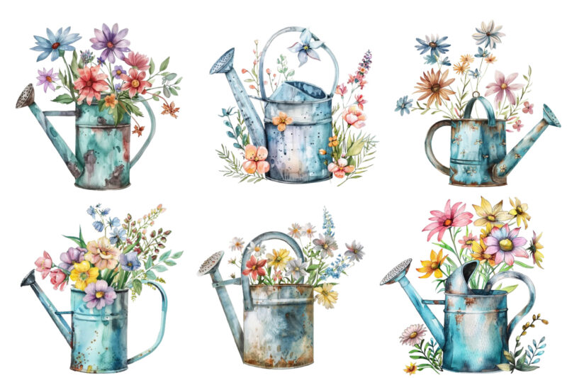 Watering Can with flowers clipart