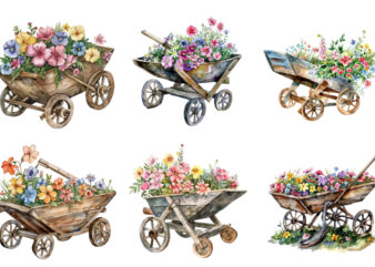 watercolor Wheelbarrow with flowers clipart t shirt design for sale