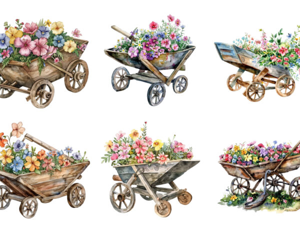 Watercolor wheelbarrow with flowers clipart t shirt design for sale