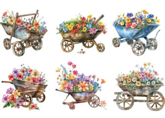 watercolor Wheelbarrow with flowers clipart