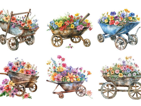 Watercolor wheelbarrow with flowers clipart t shirt design for sale