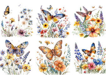 watercolor Wildflowers with Winged Animal
