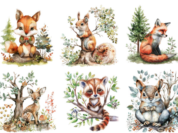 Watercolor woodland animal clipart t shirt design for sale