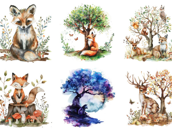 Watercolor woodland animal clipart t shirt design for sale