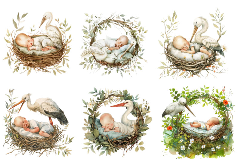 watercolor baby sleeping nest with stork
