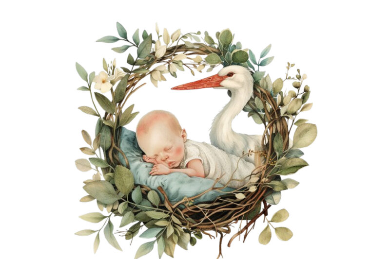 watercolor baby sleeping nest with stork