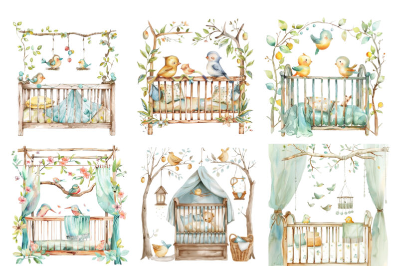 nursery cute Crib with funny birds