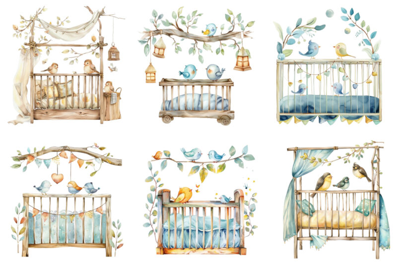 nursery cute Crib with funny birds