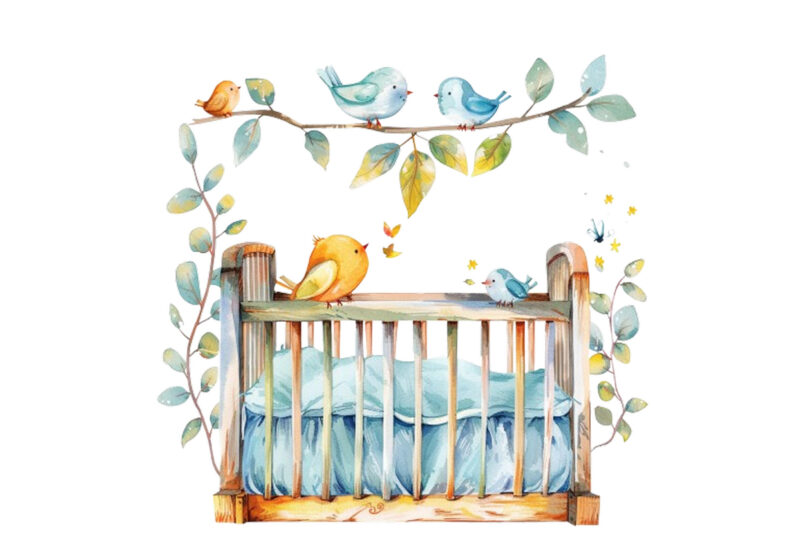 nursery cute Crib with funny birds