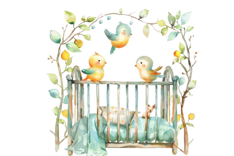 nursery cute Crib with funny birds