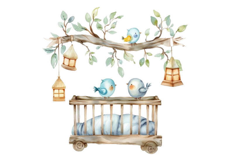 nursery cute Crib with funny birds