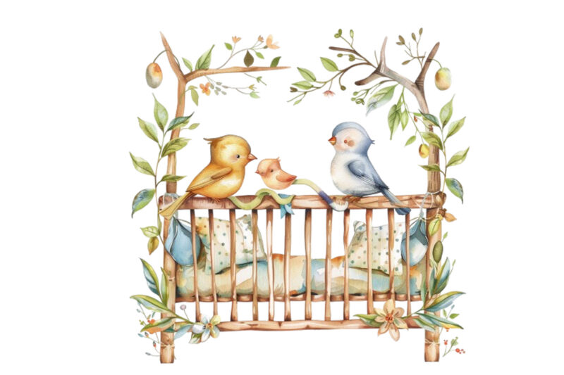 nursery cute Crib with funny birds