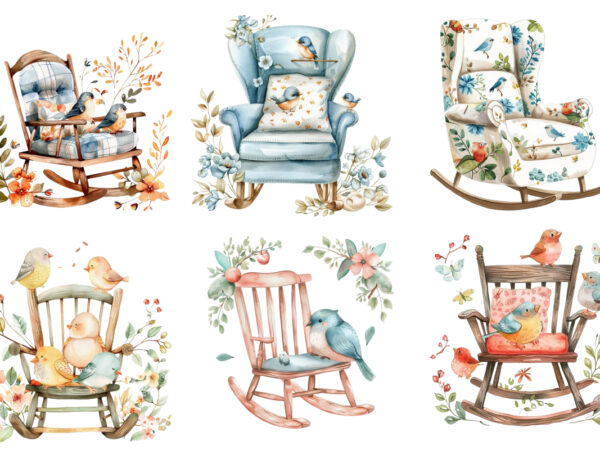 Watercolor cute rocking chair with funny bird t shirt design for sale