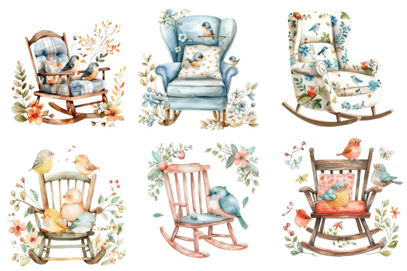watercolor cute rocking chair with funny bird