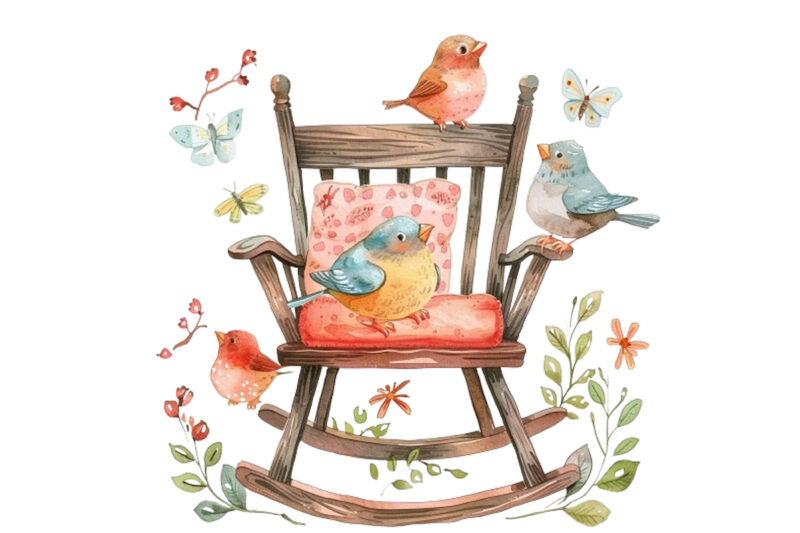 watercolor cute rocking chair with funny bird