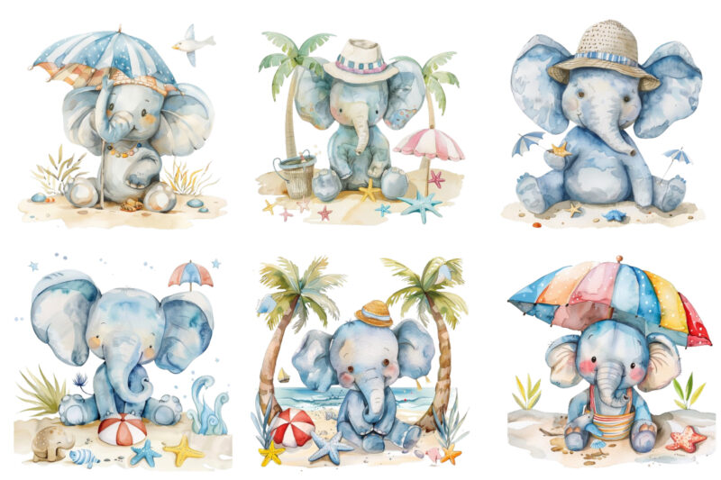 watercolor funny Elephant in Beach