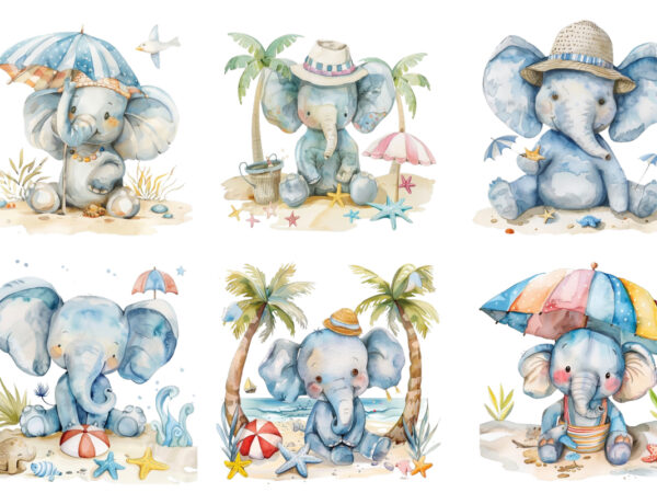 Watercolor funny elephant in beach t shirt design for sale