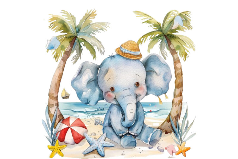 watercolor funny Elephant in Beach