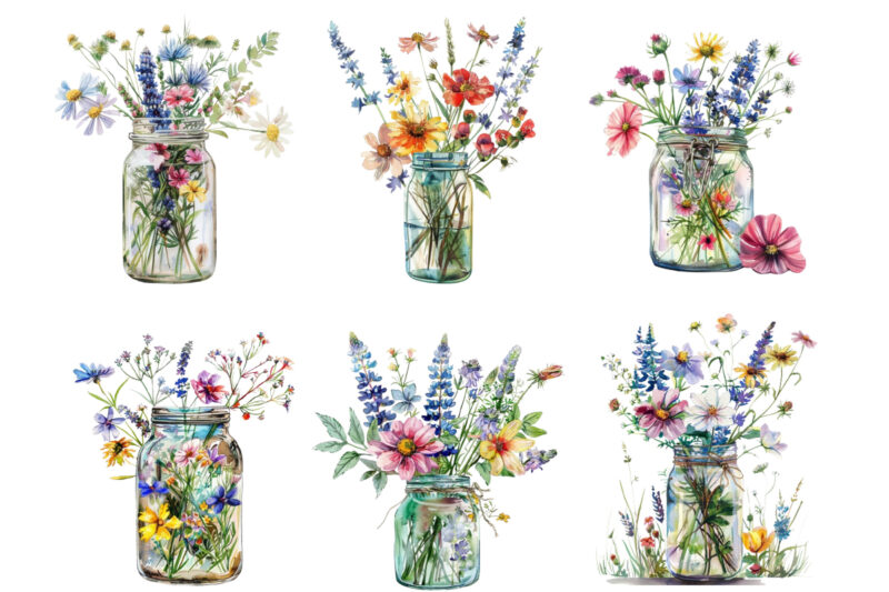 watercolour Wildflowers in glass Jar clipart