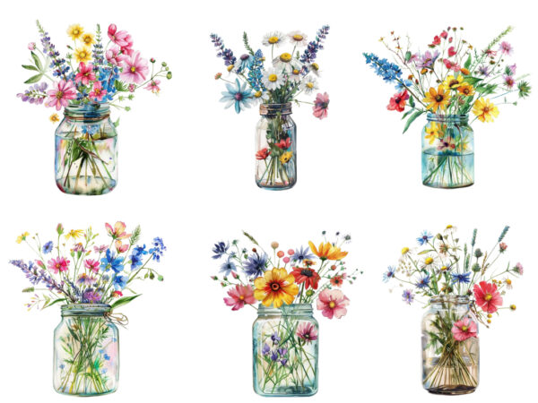 Watercolour wildflowers in glass jar clipart t shirt design for sale