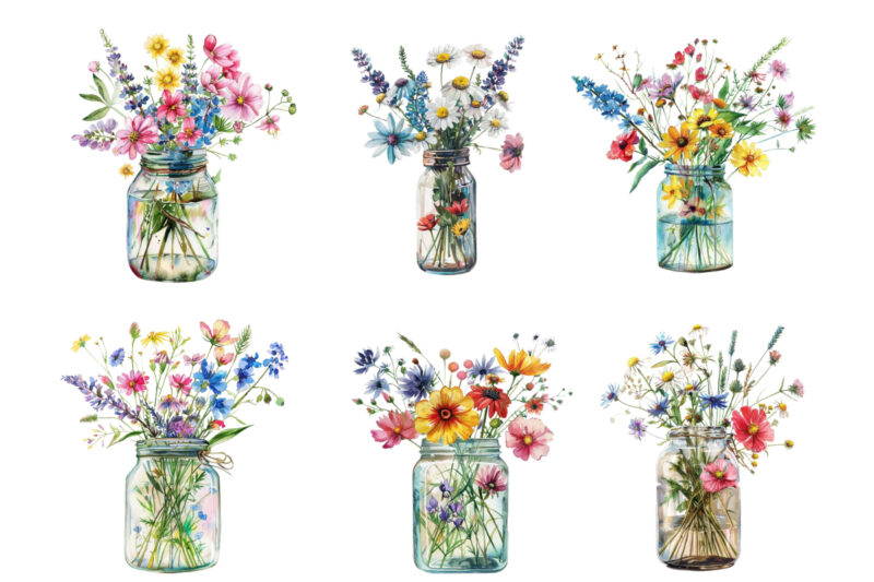 watercolour Wildflowers in glass Jar clipart