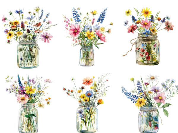 Watercolour wildflowers in glass jar clipart t shirt design for sale