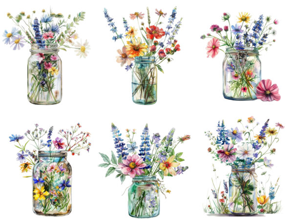 Watercolour wildflowers in glass jar clipart t shirt design for sale