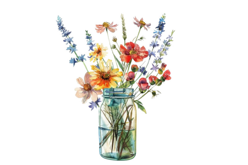 watercolour Wildflowers in glass Jar clipart