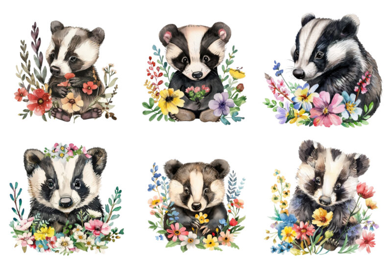 colourfull cute baby Badger with flowers