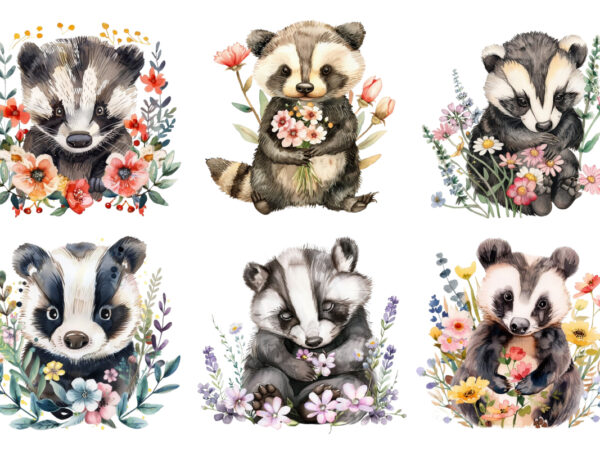 Colourfull cute baby badger with flowers t shirt vector file