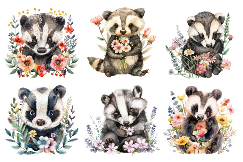 colourfull cute baby Badger with flowers