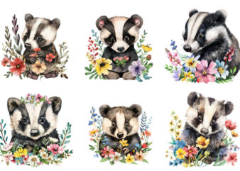 colourfull cute baby Badger with flowers t shirt vector file