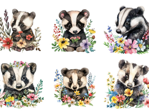 Colourfull cute baby badger with flowers t shirt vector file
