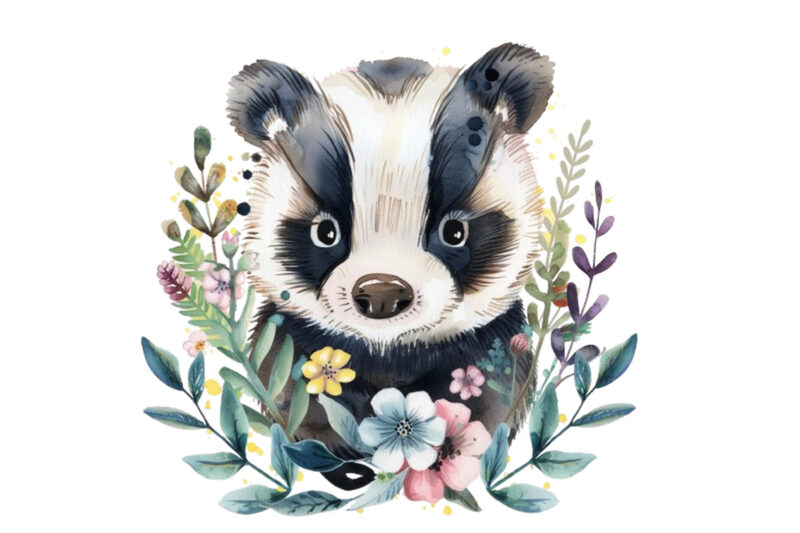 colourfull cute baby Badger with flowers