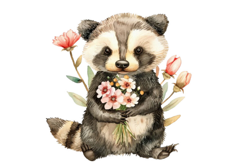 colourfull cute baby Badger with flowers