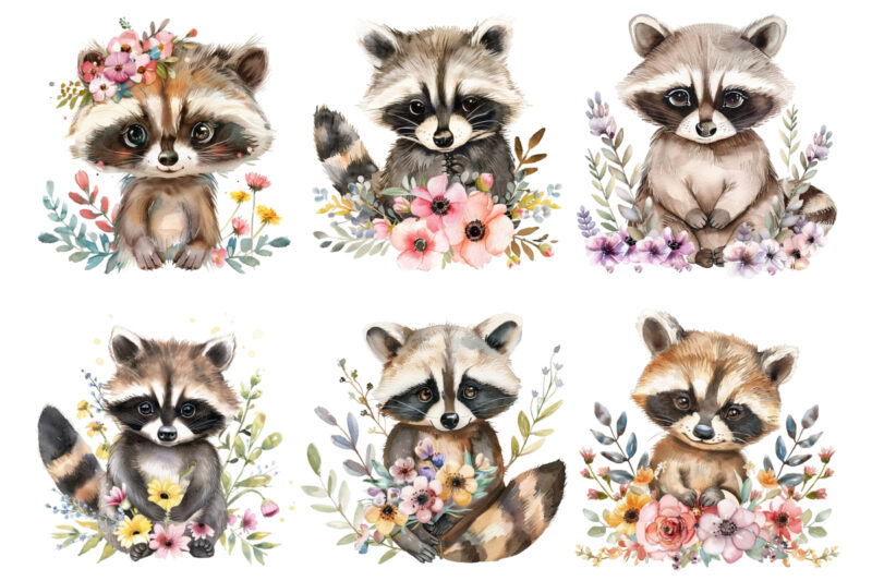 watercolour cute baby panda with flowers