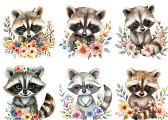 watercolour cute baby Raccoon with flower t shirt design for sale