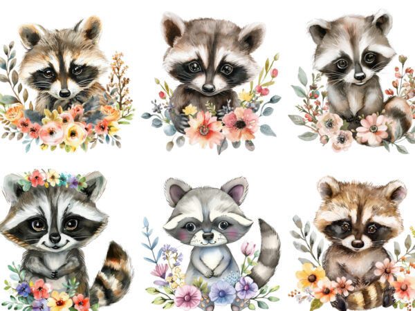 Watercolour cute baby raccoon with flower t shirt design for sale