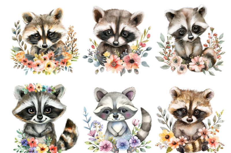 watercolour cute baby Raccoon with flower